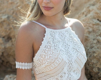 Two Piece Wedding Dress, Bridal Lace Top, White Separates, Boho Wedding Dress, Wedding Bodysuit, White Wedding Top, Wedding Halter Top