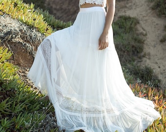 Boho Lace Wedding Skirt, White Tulle Maxi Bridal Separates