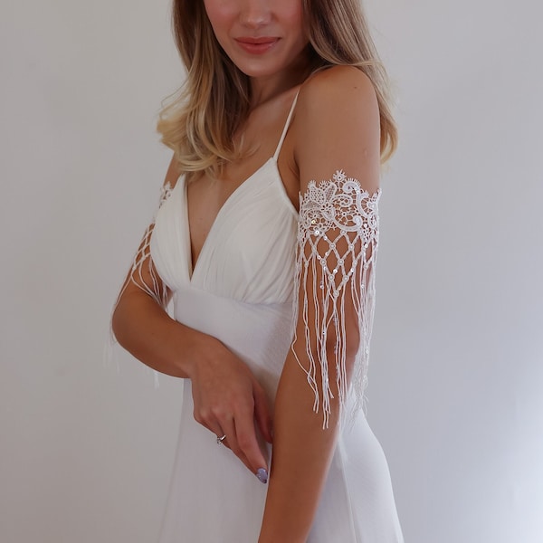 Wedding Dress Sleeves Add On, Lace Shoulder Jewelry with Fringes, White Off Shoulder Bracelet, Arm Band With Sequin details for Elopement