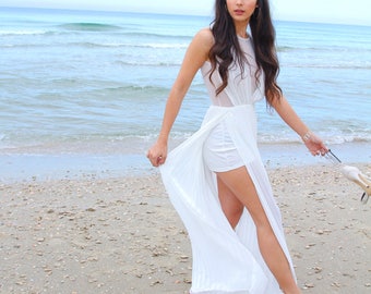 Boho Chiffon Beach Wedding Dress, Ivory Bridal Gown, Side Slits