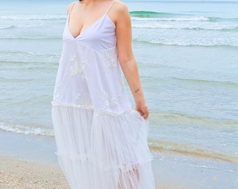 Boho Beach Wedding Dress, Ivory Tulle Bridal Gown
