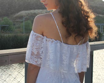Off Shoulder Lace Wedding Dress, White Bohemian Bridal Gown