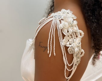 Correas de vestido de novia de encaje con cadenas de perlas, joyería de hombro nupcial, accesorios elegantes para novia, correas de vestido de novia personalizadas, hecho a mano