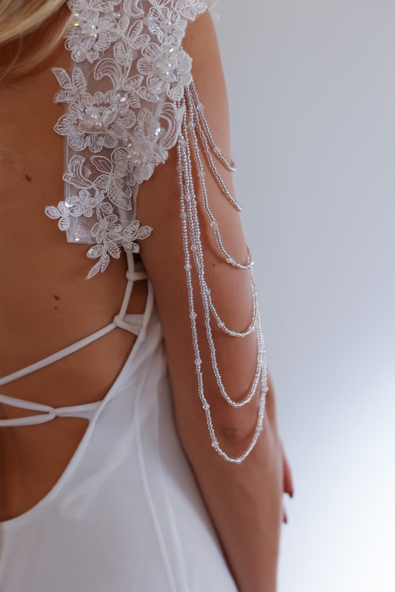 Shoulder Jewelry for Wedding Dress, Lace Bridal Epaulettes Sleeves With Crystal Chains, Shoulder Add On Rhinestone for Bridal Gown, Cover Up white