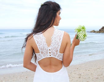 Boho Ivory Lace Wedding Dress, Beach Bridal Gown