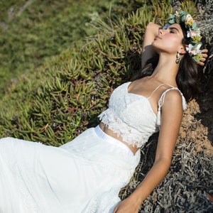 Boho Wedding Dress, White Bridal Separates, Two Piece Wedding Top & Skirt, Lace Bodice, Maxi Skirt, Sleeveless Crop Top, Alternative Dress