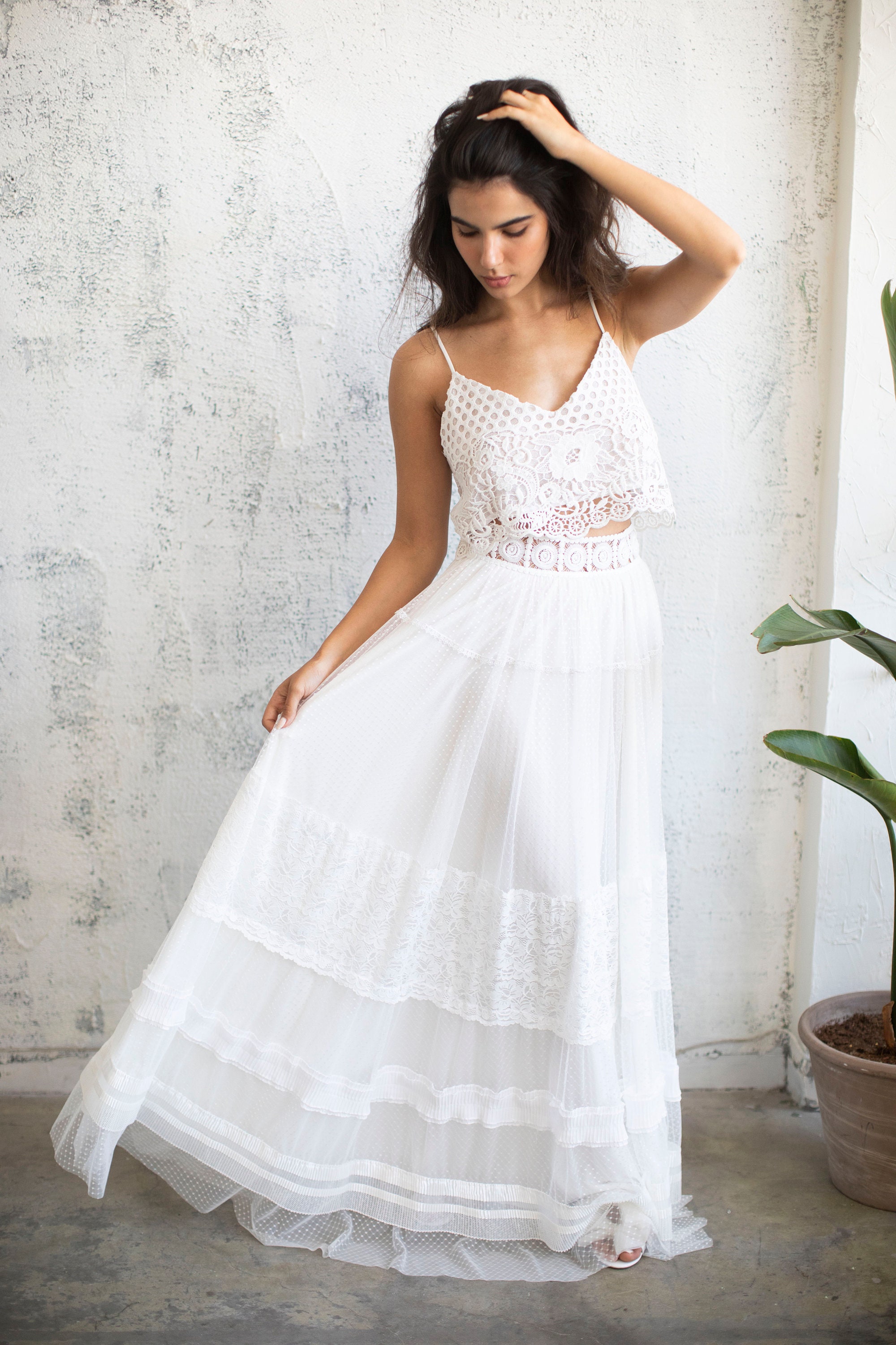 Boho Lace Wedding Skirt, White Tulle Maxi Skirt, Bridal Separates