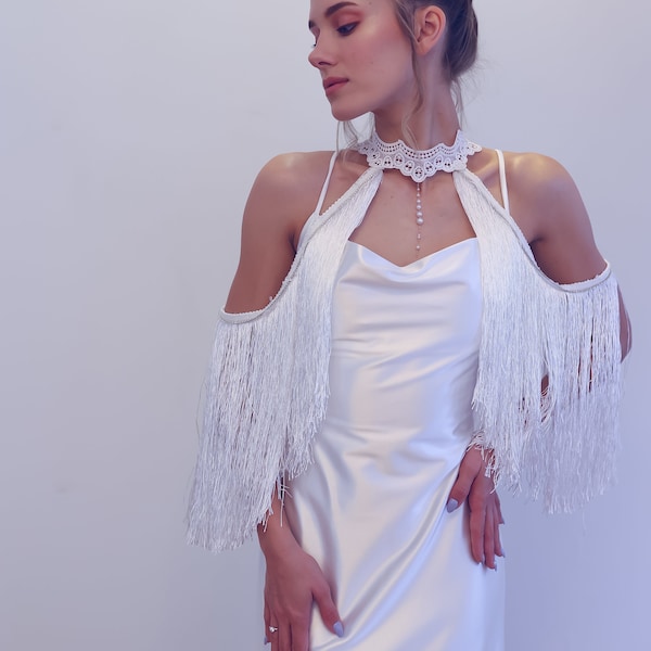 Fringe Wedding Sleeves Overlay, Bridal Sleeves Off the Shoulder, Boho Lace Wedding Dress Sleeves Add On, Cold Shoulder Wedding Capelet,