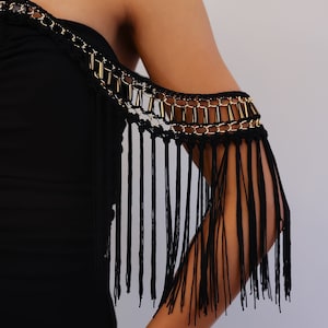 Black Detachable Sleeves with Fringe, Add On Sleeves Black Gold, Boho Crochet Beaded Sleeves for Dress, Burning Man Outfit Coachella Wear