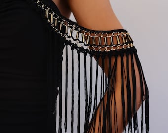 Black Detachable Sleeves with Fringe, Add On Sleeves Black Gold, Boho Crochet Beaded Sleeves for Dress, Burning Man Outfit Coachella Wear