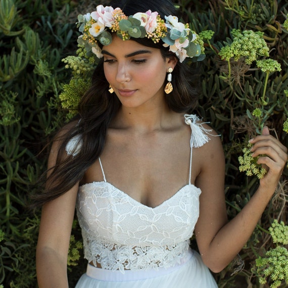 White Crop Top, Two Piece Wedding Dress, Lace Bodice, Boho Cover