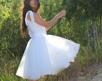 White Wedding Dress, Boho Wedding Dress, Beach Wedding Dress, Tulle Wedding Dress, Bohemian Wedding Dress, Crop Top Wedding Dress, Gown