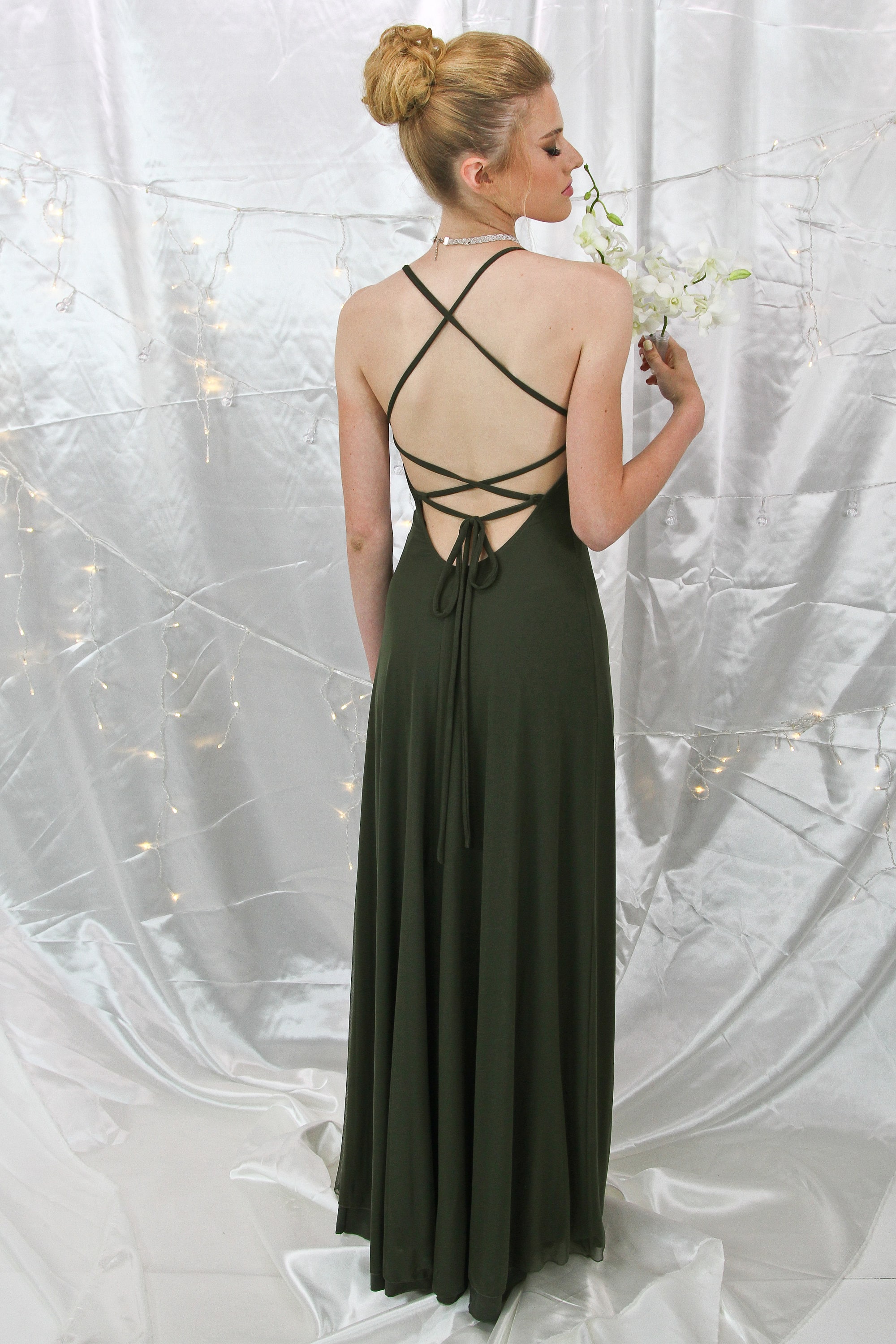 olive green backless dress