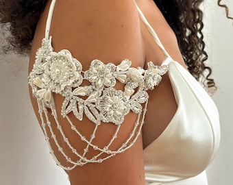 Handmade Beaded Lace Wedding Dress Sleeves, Rhinestone Shoulder Jewelry