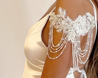 Handmade Lace Sleeves for Wedding Dress, Bridal Off Shoulder Epaulettes With Crystal and Pearl Beading, Elegant Pair Of Detachable Sleeves,