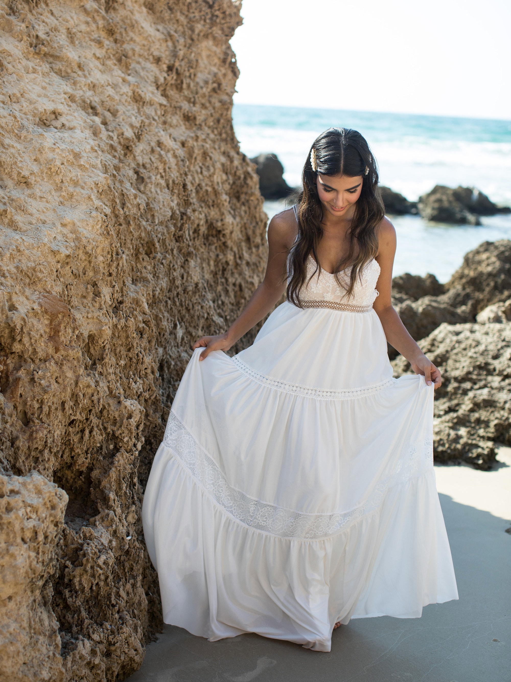 Ivory Lace Boho Wedding Dress: Beach Bridal Gown
