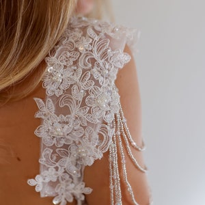 Shoulder Jewelry for Wedding Dress, Lace Bridal Epaulettes Sleeves With Crystal Chains, Shoulder Add On Rhinestone for Bridal Gown, Cover Up white