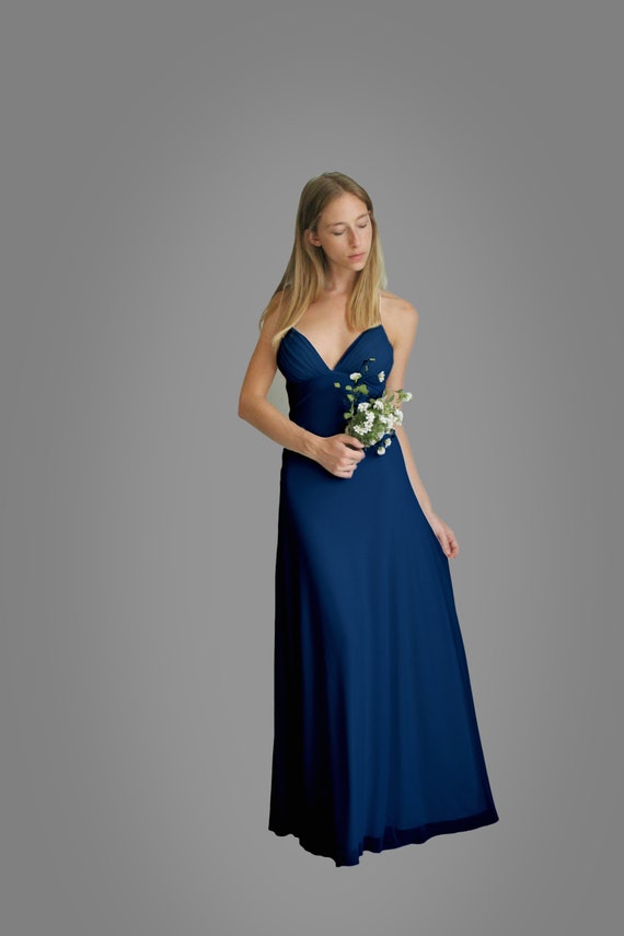 Navy Blue Dress, Maxi Dress, Long Dress, Bridesmaid Dress, Evening Dress,  Cocktail Dress, Prom Dress, Open Back Dress, Spaghetti Strap Dress 