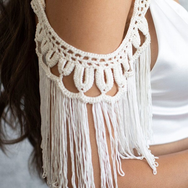 Bracciali da sposa in avorio con frange all'uncinetto, realizzati a mano, gioielli da matrimonio in stile boho.