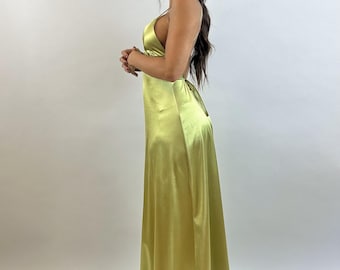 Green Satin Maxi Dress: Open Back Slit Evening Gown
