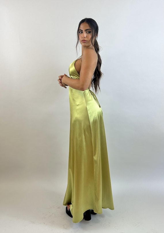 Green Satin Maxi Dress: Open Back Slit Evening Gown - Etsy