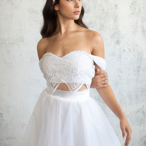 Wedding Separates, Lace Wedding Top, White Crop Top, Bridal Two Piece, Boho Lace Top, Alternative Wedding Dress, Off The Shoulder, Bustier