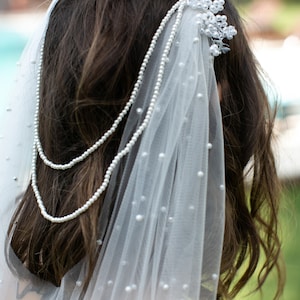 Bridal Hair Accessories, Beaded Wedding Veil, Pearl embalished Veil ,Cathedral Veil, Boho Wedding Veil, Tulle Veil, Drape Veil, Boho Bride