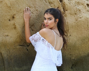 Boho Lace Wedding Dress, Ivory Bridal Gown, Beach Wedding