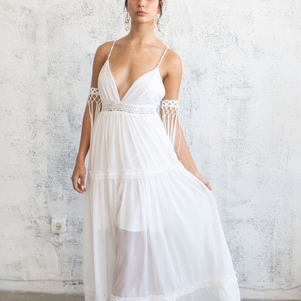 Boho Beach Wedding Dress: Long White Chiffon Gown, Open Back
