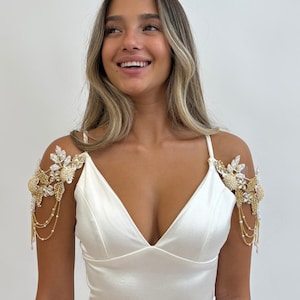 Gold Bridal Shoulder Jewelry, Ivory Gold Detachable Sleeves, Beaded Lace Epaulettes with Pearls, Wedding Shoulder Accessory, Off Shoulder