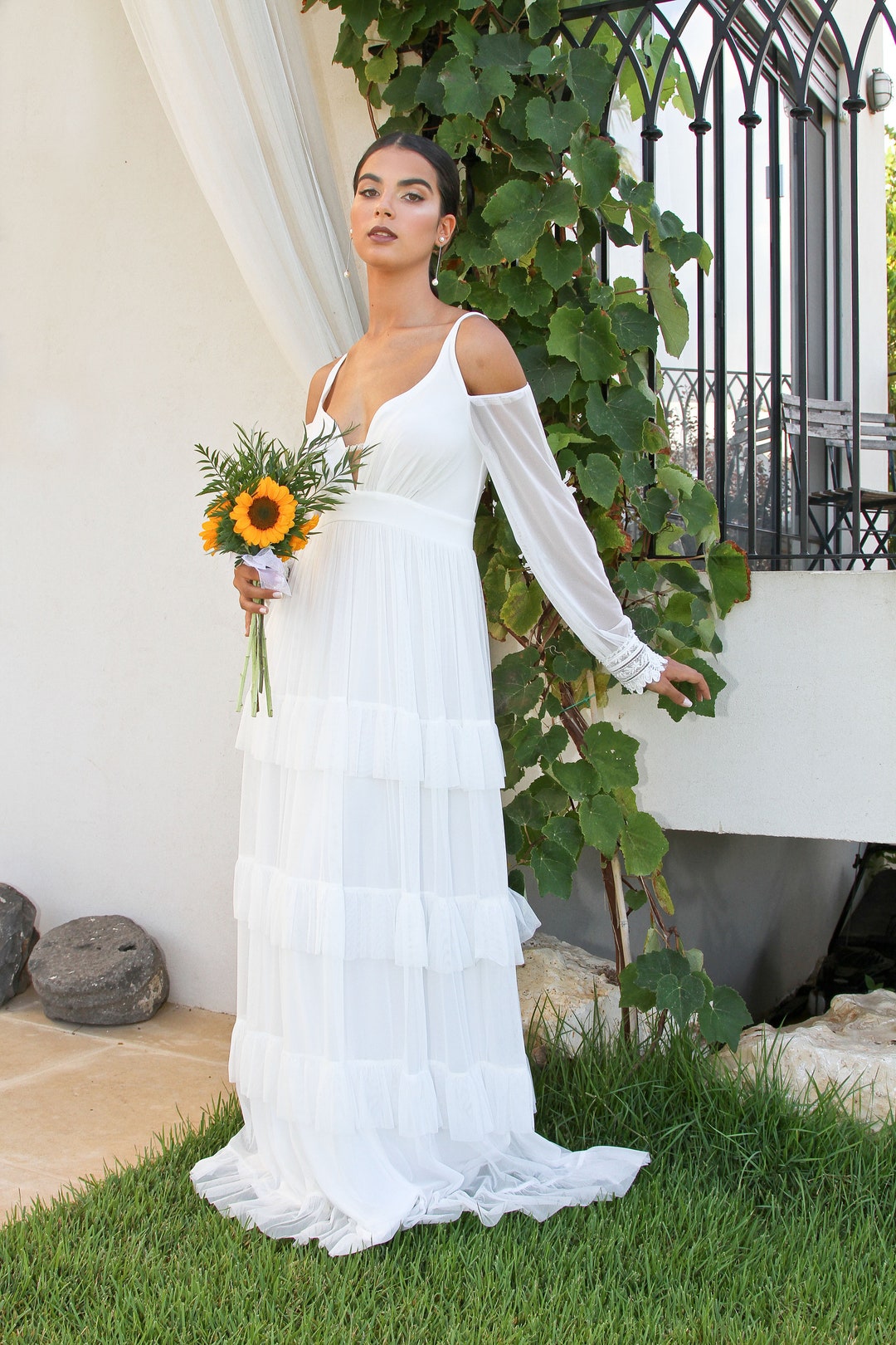 cold shoulder beach wedding dress Cold Shoulder Designer Lace Plunging Neck Beach Autumn Wedding Dress