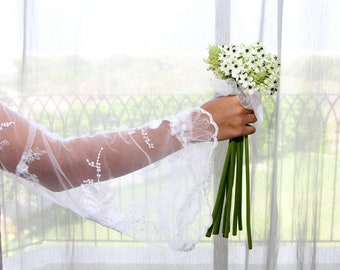 Bruidsaccessoires, Boho Wedding Sleeves, afneembare gebloemde veers, off shoulder sleeves, armband tule sleeve, unieke lange mouwen