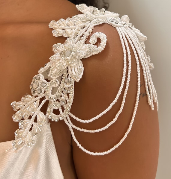 Lace Wedding Dress Straps, Pearl Bridal Detachable Shoulder Jewelry, One Pair Lace Wedding Dress Straps, Pearl Bridal Detachable Shoulder Jewelry, One Pair