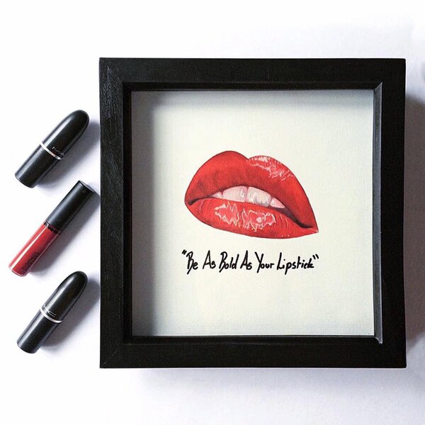 Red lips, oil painting, quote, framed painting