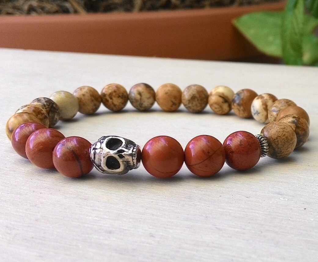 Mens Skull Bracelet, Red Jasper, Picture Jasper, Bead Skull