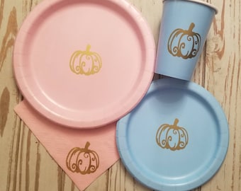 Pumpkin plates, cups and napkins, fancy pumpkin, pumpkin baby shower, pumpkin gender reveal, fall baby shower, pumpkin birthday party