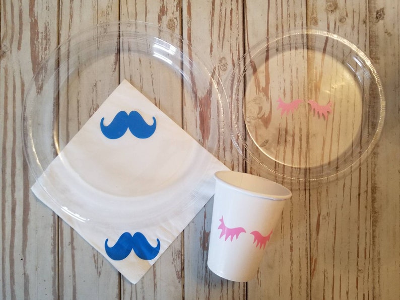 Lashes or stashes gender reveal plates, cups, napkins, lashes or stashes party supplies, baby shower, gender reveal plates, cup, napkins, PartyPack (PLASTIC)