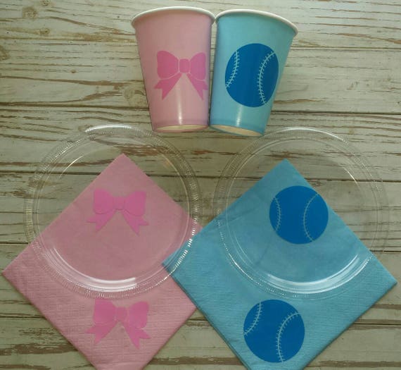 Baseball or bows gender reveal plates, cups and napkins, baseball or bows baby shower, baseball baby shower, bow baby shower, gender reveal
