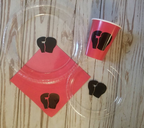 Boxing plates, cups and napkins, boxing birthday party, boxer or bows, boxing party, bachelor party plates, cups and napkins, first birthday