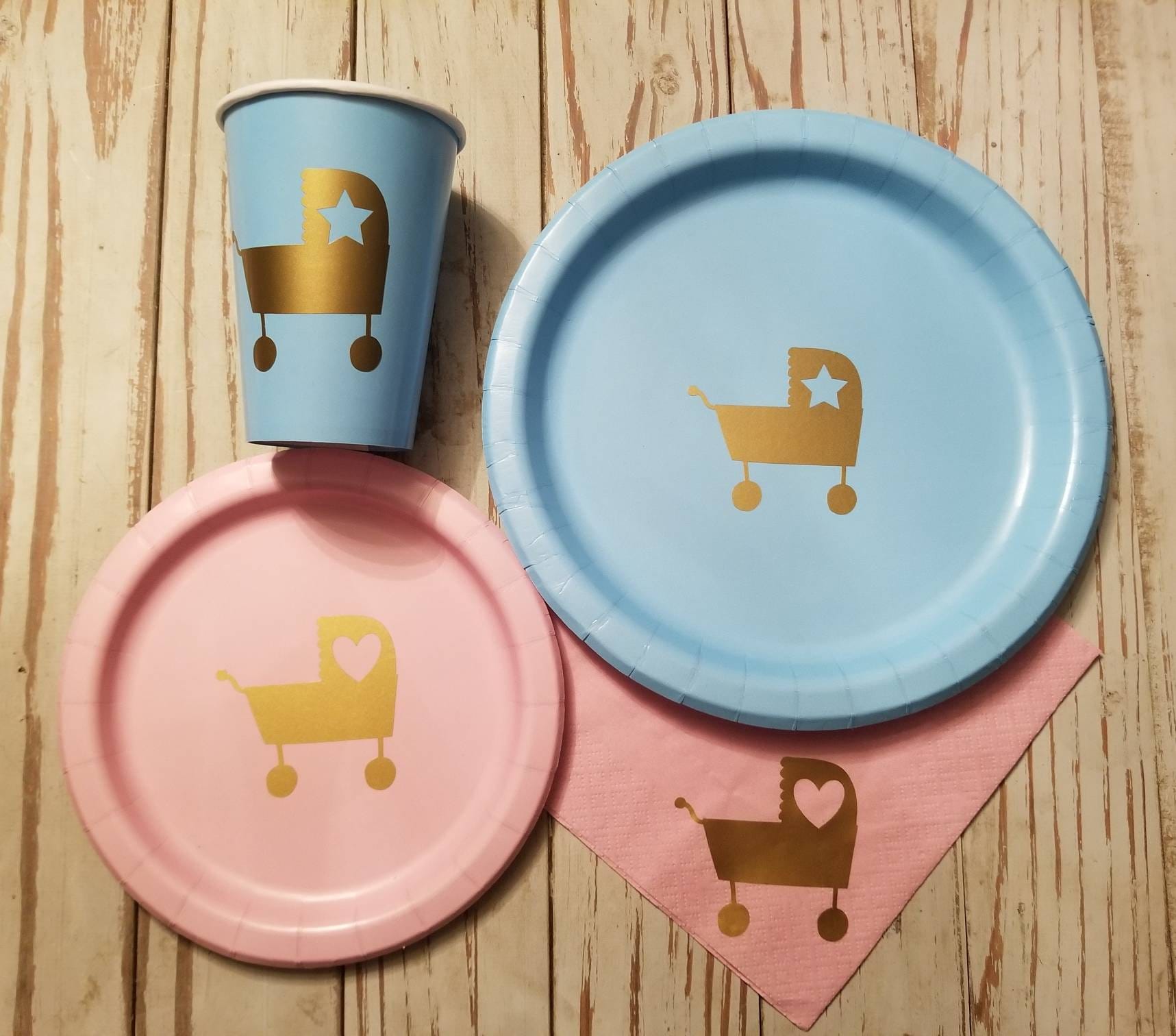 Baby Carriage Stroller Baby Shower Plates Cups Napkins Gender