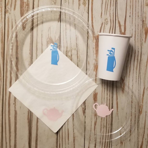 Tea party or tee party gender reveal plates, cups and napkins, gold party plates, tea party plates, gender reveal party supplies, cups