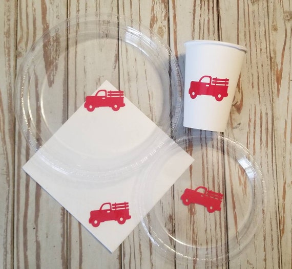 Red truck plates, cups and napkins, Christmas red truck plates, cups, napkins, Vintage truck plates, classic truck plates, cups, shower