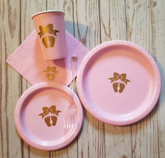 Girl Baby Shower Pink And Gold Plates Cups Napkins Image 0