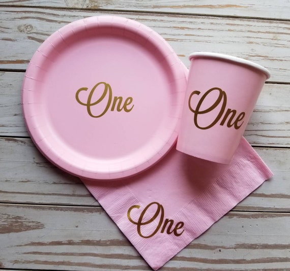 Pink and gold first birthday plates, cups, napkins, first birthday party pink and gold plates, cups, first birthday one cups, plates, napkin