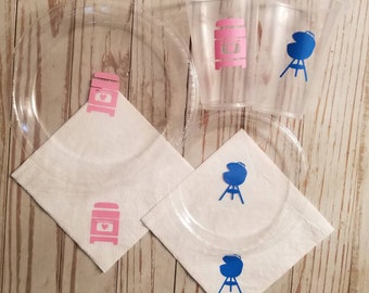 Baby Q gender reveal plates, cups and napkins, baby q shower, baby q party decor, baby bbq, gender reveal party, pink or blue gender reveal