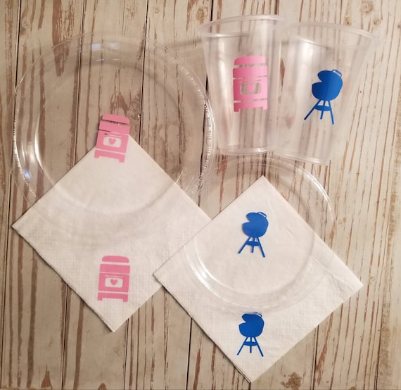 Baby Q gender reveal plates, cups and napkins, baby q shower, baby q party decor, baby bbq, gender reveal party, pink or blue gender reveal