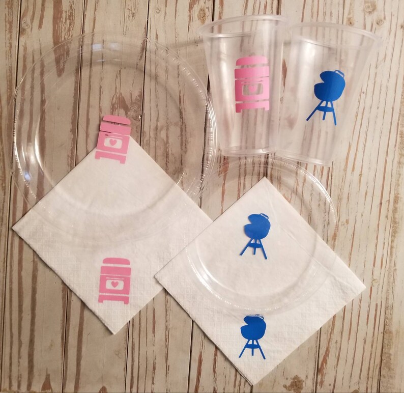 Baby Q Gender Reveal Plates Cups And Napkins Baby Q Shower Etsy