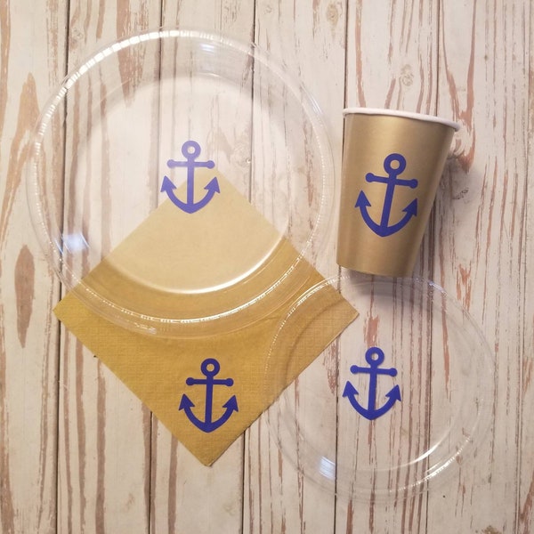 Anchor plates, cups and napkins, nautical baby shower, nautical bridal shower, nautical baby shower, blue and gold, pirate party, nautical