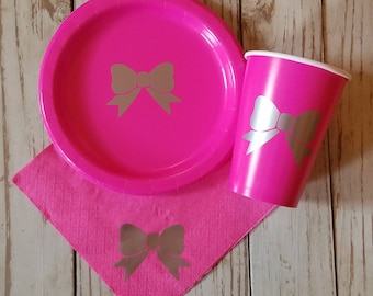 Pink and silver bow plates, cups, napkins, First birthday plates, cups, napkins, pink and gold party, wedding shower plates, baby shower