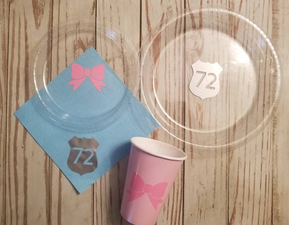 Badge or Bow gender reveal plates, cups and napkins, badge or bow baby shower, police baby shower, bow baby shower, badge or bows party, cop